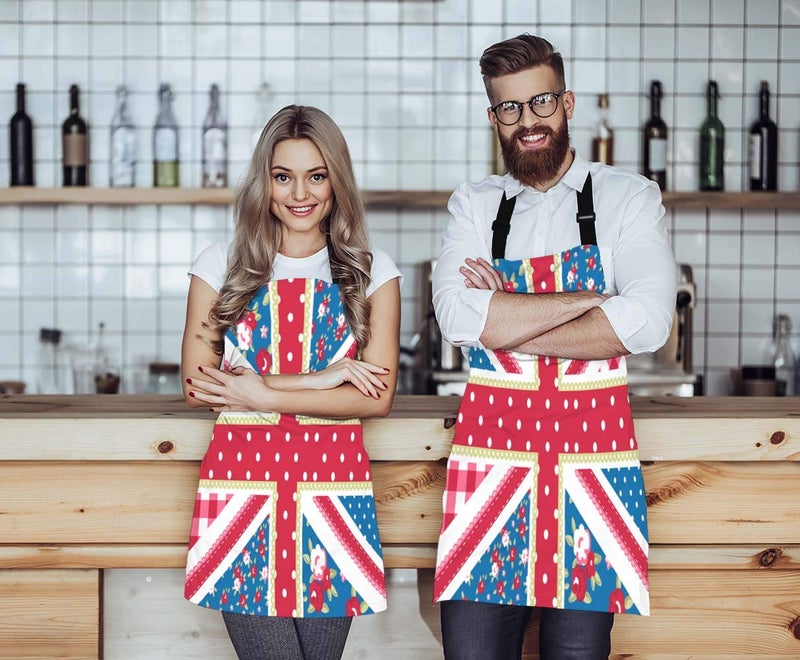 WONDERTIFY British Flag Apron,England Flag in Chic Floral Style Bib Apron with Adjustable Neck for Men Women,Suitable for Home Kitchen Cooking Waitress Chef Grill Bistro Baking BBQ Crafting Apron - Image 2